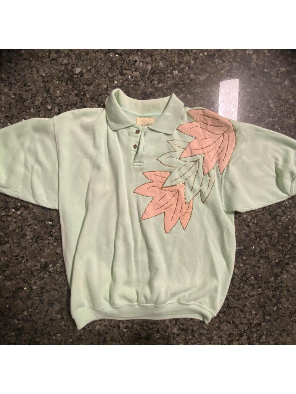 St. Johns Vtg Bay Light Green Leaf Appliqué Collared Sweatshirt Women L